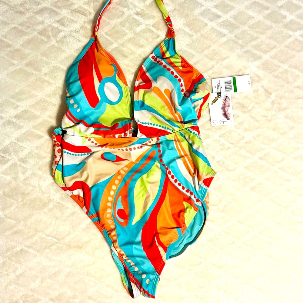 Jessica Simpson plunge neck one piece bathing suit, large NWT